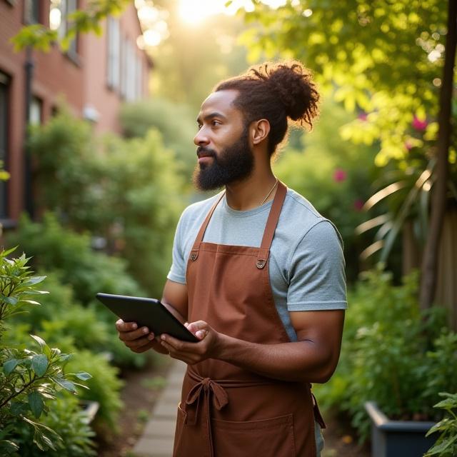 Professional organic gardener reviewing a landscape plan in a lush New York backyard