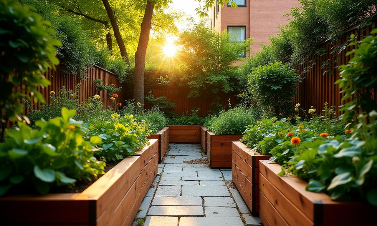 Lush organic garden design featuring cedar raised beds and stone pathways