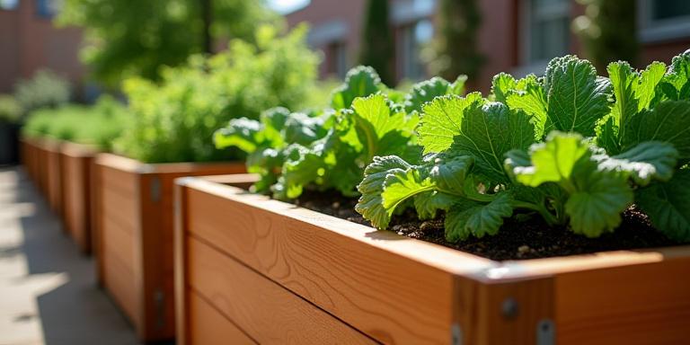Artisanal cedar raised beds with vegetable sprouts